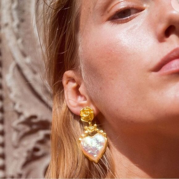 Anthropologie Jewelry - Anthropologie Gold Rose Heart Drop Earrings with Iridescent Inlay